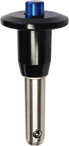 Monroe Engineering Products - 1" Diam, 5" Usable Length, Button Handle, Push Button Quick Release Pin - 8" OAL, Grade 4140 Steel, Zinc-Plated Finish - USA Tool & Supply