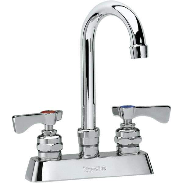 Krowne - Deck Mount, Low Arc Deck Mount Faucet - Two Handle, Color Coded, Blade Handle, Gooseneck Spout and Nozzle, No Drain - USA Tool & Supply