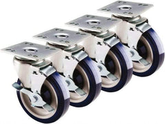 Krowne - 5" Diam x 1" Wide x 6" OAH Top Plate Mount Swivel Caster with Brake - Polyethylene, 200 Lb Capacity, 4 x 4" Plate - USA Tool & Supply
