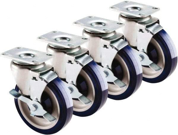 Krowne - 5" Diam x 1" Wide x 6" OAH Top Plate Mount Swivel Caster with Brake - Polyethylene, 200 Lb Capacity, 2-3/8 x 3-5/8" Plate - USA Tool & Supply