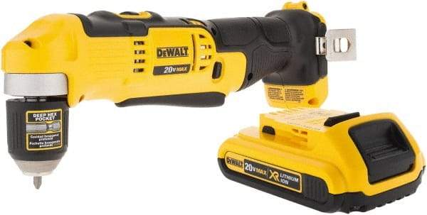 DeWALT - 20 Volt 3/8" Chuck Right Angle Handle Cordless Drill - 0-650 & 0-2000 RPM, Keyless Chuck, Reversible, 1 Lithium-Ion Battery Included - USA Tool & Supply