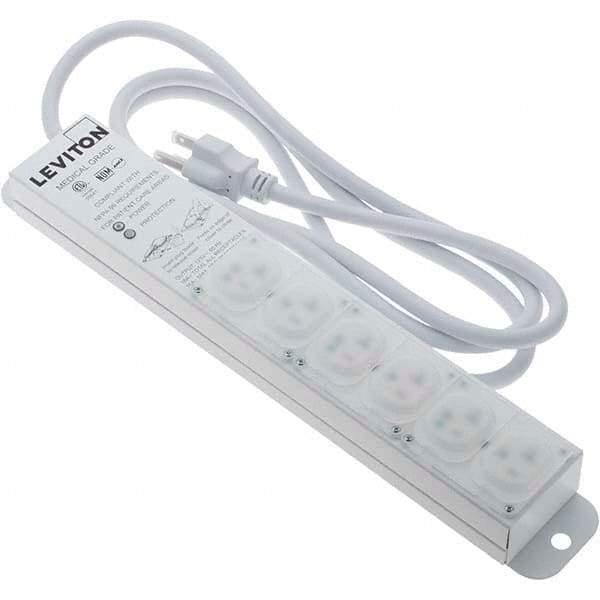 Leviton - 6 Outlets, 125 VAC20 Amps, 7' Cord, Standard Power Outlet Strip - Wall/Surface Mount, 5-20 NEMA Configuration, 1-1/4' Strip, UL 60601-1 - USA Tool & Supply