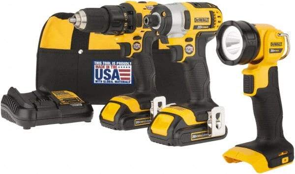 DeWALT - 20 Volt Cordless Tool Combination Kit - Includes 1/2" Drill/Driver, 1/4" Impact Driver & Work Light, Lithium-Ion Battery Included - USA Tool & Supply