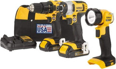 DeWALT - 20 Volt Cordless Tool Combination Kit - Includes 1/2" Drill/Driver, 1/4" Impact Driver & Work Light, Lithium-Ion Battery Included - USA Tool & Supply