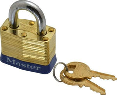 Master Lock - 3/4" Shackle Clearance, Keyed Alike Laminated Brass Padlock - 9/32" Shackle Diam, Brass - USA Tool & Supply