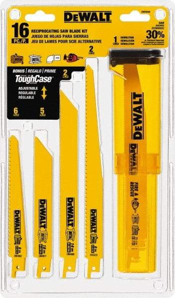 DeWALT - 16 Pieces, 6" to 9" Long x 0.04" Thickness, Bi-Metal Reciprocating Saw Blade Set - Straight Profile, 6 to 18 Teeth, Toothed Edge - USA Tool & Supply
