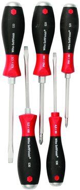 5 Piece - SoftFinish® Cushion Grip Extra Heavy Duty Screwdriver w/ Hex Bolster & Metal Striking Cap Set - #53075 - Includes: Slotted 4.5 - 6.5mm Phillips #1 - 2 - Extra Heavy Duty - USA Tool & Supply