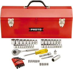 Proto - 65 Piece 1/4 & 3/8" Drive Standard Socket Set - 6 & 12 Points, 1/4 to 5/8", 4 to 17mm, Inch/Metric Measurement Standard - USA Tool & Supply