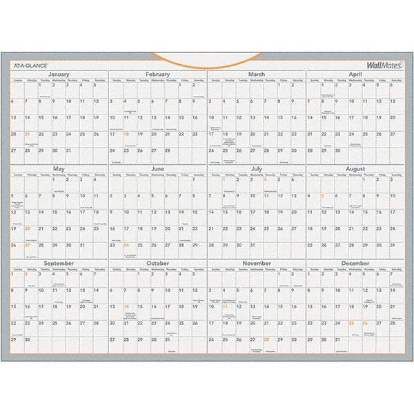 AT-A-GLANCE - 1 Sheet, 24 x 18", Erasable Wall Calendar - Gray, White & Orange - USA Tool & Supply