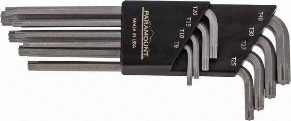 Paramount - 8 Piece T9 to T40 Steel L-Key Torx Key Set - T9, T10, T15, T20, T25, T27, T30, T40 Torx Size - USA Tool & Supply