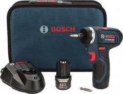 Bosch - 12 Volts, Lithium-Ion Battery, 1/4 Inch Keyless Chuck, Pistol Grip Cordless Drill - 600 RPM, 265 Inch/Lbs. Torque, 2 Speed, Reversible, Includes (2) Lithium-Ion 12V Max Batteries, 30 Minute Charger, Carrying Case - USA Tool & Supply