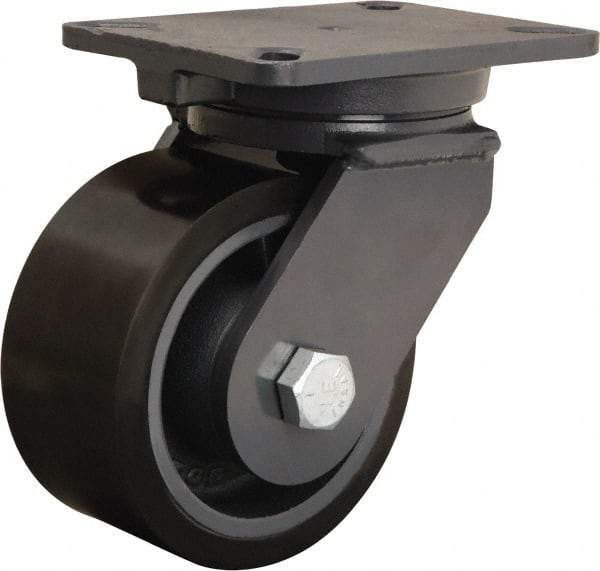 Hamilton - 6" Diam x 3" Wide x 8" OAH Top Plate Mount Swivel Caster - Polyurethane Mold onto Cast Iron Center, 2,860 Lb Capacity, Tapered Roller Bearing, 5-1/4 x 7-1/4" Plate - USA Tool & Supply