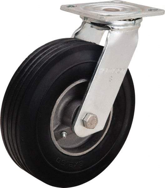 Hamilton - 8" Diam x 2" Wide, Rubber Swivel Caster - 500 Lb Capacity, Top Plate Mount, 4" x 4-1/2" Plate, Straight Roller Bearing - USA Tool & Supply