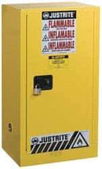 Justrite - 1 Door, 1 Shelf, Yellow Steel Space Saver Safety Cabinet for Flammable and Combustible Liquids - 44" High x 23-1/4" Wide x 18" Deep, Self Closing Door, 15 Gal Capacity - USA Tool & Supply