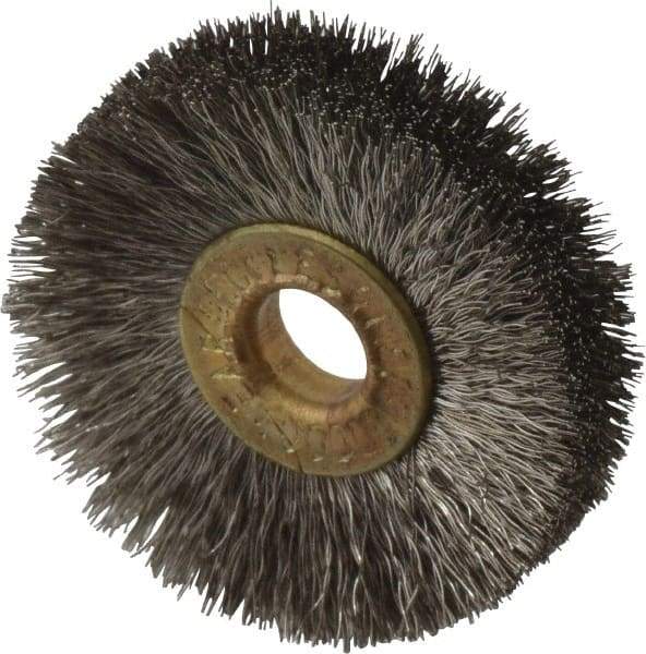 Osborn - 1-1/4" OD, 1/4" Arbor Hole, Crimped Stainless Steel Wheel Brush - 3/16" Face Width, 21/64" Trim Length, 0.005" Filament Diam, 20,000 RPM - USA Tool & Supply