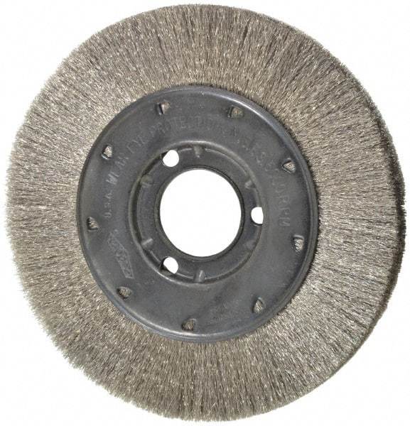 Osborn - 6" OD, 1-1/4" Arbor Hole, Crimped Stainless Steel Wheel Brush - 5/8" Face Width, 1-1/8" Trim Length, 0.005" Filament Diam, 6,000 RPM - USA Tool & Supply