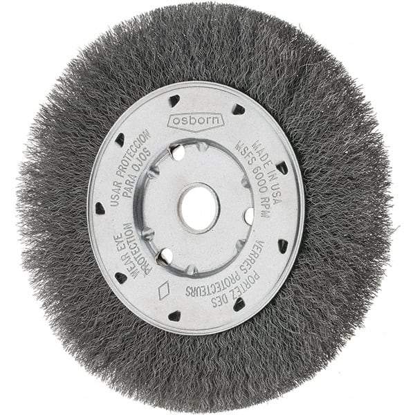 Osborn - 6" OD, 5/8" Arbor Hole, Crimped Steel Wheel Brush - 5/8" Face Width, 1-1/8" Trim Length, 0.008" Filament Diam, 6,000 RPM - USA Tool & Supply