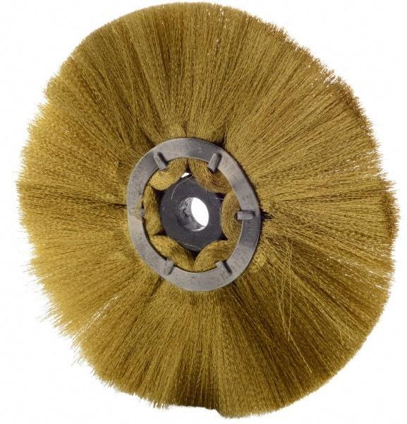 Osborn - 6" OD, 1/2" Arbor Hole, Crimped Brass Wheel Brush - 1/2" Face Width, 1-7/8" Trim Length, 0.005" Filament Diam, 4,000 RPM - USA Tool & Supply