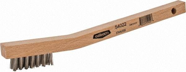 Osborn - 3 Rows x 7 Columns Stainless Steel Scratch Brush - 1-7/16" Brush Length, 7-3/4" OAL, 7/16" Trim Length, Wood Curved Handle - USA Tool & Supply