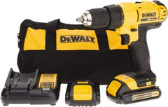 DeWALT - 20 Volt 1/2" Chuck Pistol Grip Handle Cordless Drill - 0-450 & 0-1500 RPM, Single-Sleeve Ratcheting Chuck, Reversible, 2 Lithium-Ion Batteries Included - USA Tool & Supply