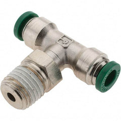 Parker - 1/4" Outside Diam, 1/4 NPTF, Nickel Plated Brass Push-to-Connect Tube Male Swivel Branch Tee - 300 Max psi, Tube to Male NPT Connection, Nitrile O-Ring - USA Tool & Supply