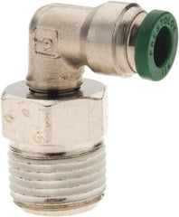 Parker - 1/4" Outside Diam, 3/8 NPTF, Nickel Plated Brass Push-to-Connect Tube Male Swivel Elbow - 300 Max psi, Tube to Male NPT Connection, Nitrile O-Ring - USA Tool & Supply