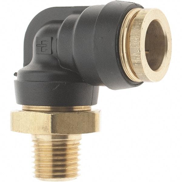 Parker - 1/2" Outside Diam, 1/4 Thread, Brass Push-to-Connect Tube Male Elbow - 250 Max psi, Tube to Male NPT Connection - USA Tool & Supply
