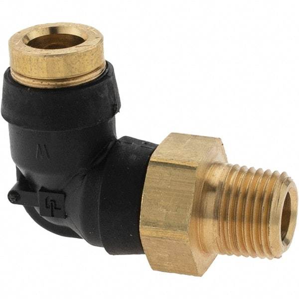 Parker - 1/4" Outside Diam, 1/8 Thread, Brass Push-to-Connect Tube Male Elbow - 250 Max psi, Tube to Male NPT Connection - USA Tool & Supply