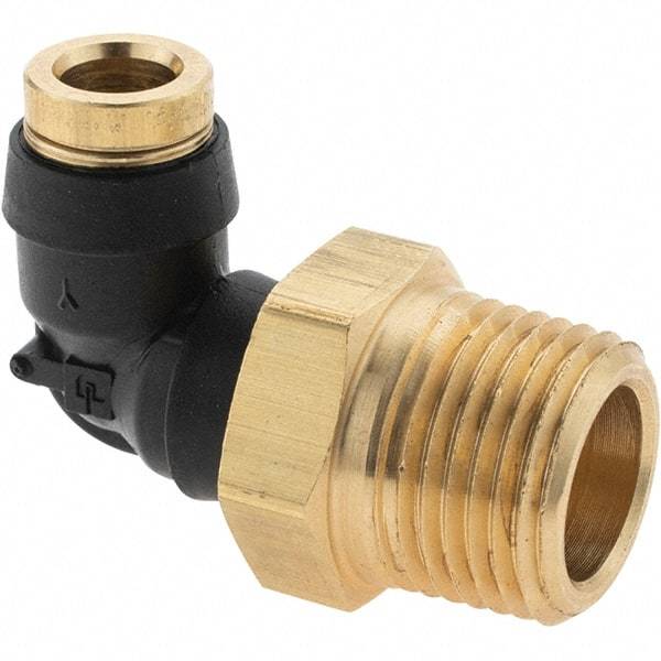 Parker - 1/4" Outside Diam, 3/8 Thread, Brass Push-to-Connect Tube Male Elbow - 250 Max psi, Tube to Male NPT Connection - USA Tool & Supply
