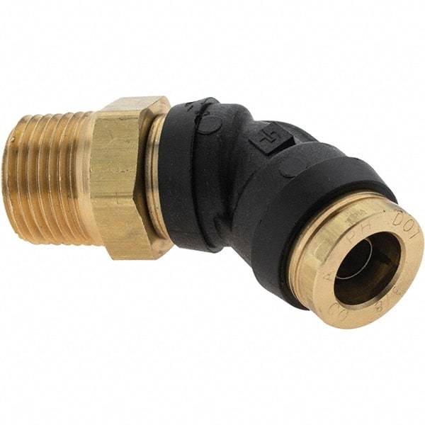 Parker - 3/8" Outside Diam, 3/8 Thread, Brass Push-to-Connect Tube Male 45° Elbow - 250 Max psi, Tube to Male NPT Connection - USA Tool & Supply