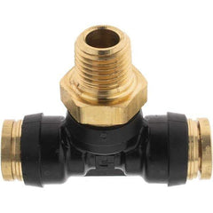 Parker - 3/8" Outside Diam, 1/4 Thread, Brass Push-to-Connect Tube Male Branch Tee - 250 Max psi, Tube to Male NPT Connection - USA Tool & Supply