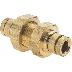 Parker - 1/4" Outside Diam, Brass Push-to-Connect Tube Bulkhead Union - Nitrile O-Ring - USA Tool & Supply