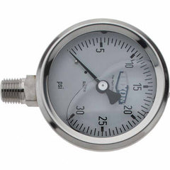 Value Collection - 2-1/2" Dial, 1/4 Thread, 0-30 Scale Range, Pressure Gauge - Lower Connection Mount, Accurate to 2-1-2% of Scale - USA Tool & Supply