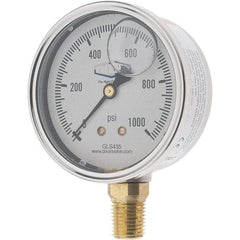 Value Collection - 2-1/2" Dial, 1/4 Thread, 0-1,000 Scale Range, Pressure Gauge - Lower Connection Mount, Accurate to 2-1-2% of Scale - USA Tool & Supply