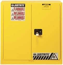 Justrite - 2 Door, 3 Shelf, Yellow Steel Standard Safety Cabinet for Flammable and Combustible Liquids - 44" High x 43" Wide x 18" Deep, Manual Closing Door, 3 Point Key Lock, 40 Gal Capacity - USA Tool & Supply