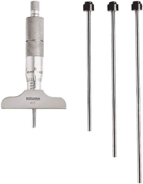 Mitutoyo - 0 to 4" Range, 4 Rod, Mechanical Depth Micrometer - Ratchet Stop Thimble, 2-1/2" Base Length, 0.01mm Graduation, 4.5mm Rod Diam - USA Tool & Supply
