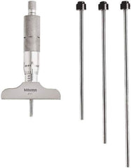 Mitutoyo - 0 to 4" Range, 4 Rod, Mechanical Depth Micrometer - Ratchet Stop Thimble, 2-1/2" Base Length, 0.01mm Graduation, 4.5mm Rod Diam - USA Tool & Supply