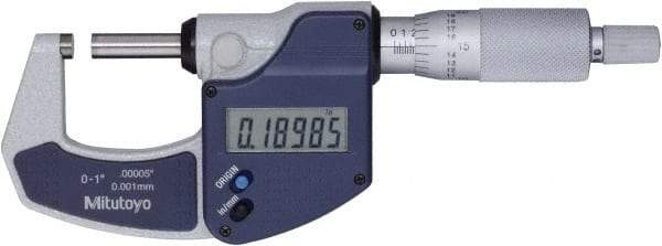 Mitutoyo - 0 to 1" Range, 0" Resolution, Standard Throat, Electronic Outside Micrometer - 0.0001" Accuracy, Ratchet Stop Thimble, Rotating Spindle, SR44 Battery, Includes NIST Traceability Certification - USA Tool & Supply
