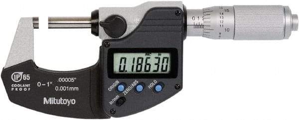 Mitutoyo - 0 to 1 Inch Range, 0 Inch Resolution, Standard Throat, IP65 Electronic Outside Micrometer - 0.0001 Inch Accuracy, Friction Thimble, Rotating Spindle, SR44 Battery, Includes NIST Traceability Certification - USA Tool & Supply