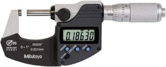 Mitutoyo - 0 to 1 Inch Range, 0 Inch Resolution, Standard Throat, IP65 Electronic Outside Micrometer - 0.0001 Inch Accuracy, Friction Thimble, Rotating Spindle, SR44 Battery, Includes NIST Traceability Certification - USA Tool & Supply