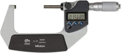 Mitutoyo - 2 to 3 Inch Range, 0 Inch Resolution, Standard Throat, IP65 Electronic Outside Micrometer - 0.0001 Inch Accuracy, Ratchet Friction Thimble, Rotating Spindle, SR44 Battery, Includes NIST Traceability Certification - USA Tool & Supply