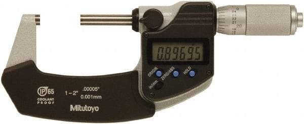 Mitutoyo - 1 to 2 Inch Range, 0 Inch Resolution, Standard Throat, IP65 Electronic Outside Micrometer - 0.0001 Inch Accuracy, Ratchet Friction Thimble, Rotating Spindle, SR44 Battery, Includes NIST Traceability Certification - USA Tool & Supply