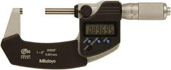 Mitutoyo - 1 to 2 Inch Range, 0 Inch Resolution, Standard Throat, IP65 Electronic Outside Micrometer - 0.0001 Inch Accuracy, Ratchet Friction Thimble, Rotating Spindle, SR44 Battery, Includes NIST Traceability Certification - USA Tool & Supply