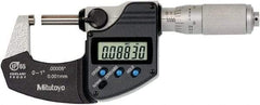 Mitutoyo - 0 to 1 Inch Range, 0 Inch Resolution, Standard Throat, IP65 Electronic Outside Micrometer - 0.0001 Inch Accuracy, Ratchet Friction Thimble, Rotating Spindle, SR44 Battery, Includes NIST Traceability Certification - USA Tool & Supply