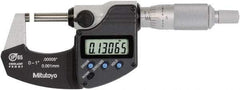 Mitutoyo - 0 to 1 Inch Range, 0.0001 Inch Resolution, Standard Throat, IP65 Electronic Outside Micrometer - 0.0001 Inch Accuracy, Ratchet Stop Thimble, Rotating Spindle, SR44 Battery, Includes NIST Traceability Certification - USA Tool & Supply
