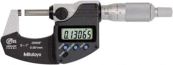 Mitutoyo - 0 to 1 Inch Range, 0 Inch Resolution, Standard Throat, IP65 Electronic Outside Micrometer - 0.0001 Inch Accuracy, Ratchet Stop Thimble, Rotating Spindle, SR44 Battery, Data Output, Includes NIST Traceability Certification - USA Tool & Supply