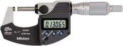 Mitutoyo - 0 to 1 Inch Range, 0 Inch Resolution, Standard Throat, IP65 Electronic Outside Micrometer - 0.0001 Inch Accuracy, Ratchet Stop Thimble, Rotating Spindle, SR44 Battery, Data Output, Includes NIST Traceability Certification - USA Tool & Supply