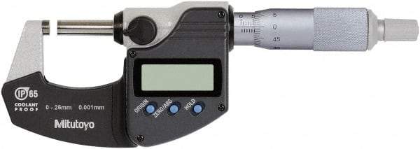 Mitutoyo - 0 to 25 mm Range, 0.0010 mm Resolution, Standard Throat, IP65 Electronic Outside Micrometer - Ratchet Stop Thimble, Rotating Spindle, SR44 Battery, Includes NIST Traceability Certification - USA Tool & Supply