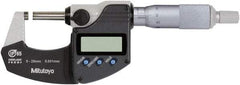 Mitutoyo - 0 to 25 mm Range, 0.0010 mm Resolution, Standard Throat, IP65 Electronic Outside Micrometer - Ratchet Stop Thimble, Rotating Spindle, SR44 Battery, Includes NIST Traceability Certification - USA Tool & Supply