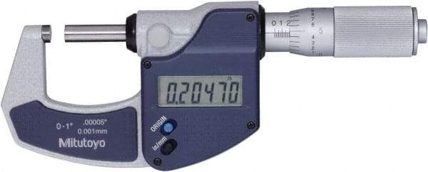 Mitutoyo - 0 to 1" Range, 0" Resolution, Standard Throat, Electronic Outside Micrometer - 0.0001" Accuracy, Friction Thimble, Rotating Spindle, SR44 Battery, Includes NIST Traceability Certification - USA Tool & Supply